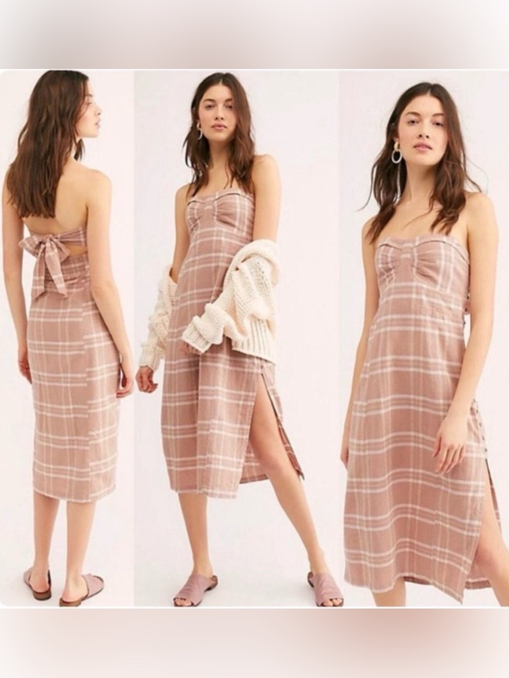 Free People Blush/Beige Plaid Tie-Back Midi Dress Cotton Linen Blend Size S
